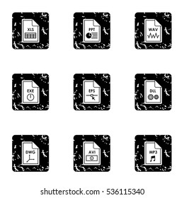 Files icons set. Grunge illustration of 9 files vector icons for web