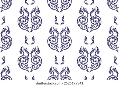 Files illustration vector tradition Thai art archive EPS. The ideal image of the Naga in Thailand. Seamless blue colored floral pattern in damask style motifs suitable for wallpaper, blanket, fabric.