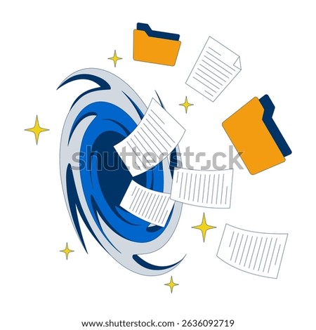 Files loss 2D illustration concept. Data corruption. Accidental deletion. Swirling vortex with flying folders and documents cartoon composition isolated on white. Flat abstract vector metaphor
