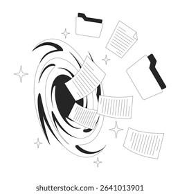 Files loss line illustration concept. Data corruption. Accidental deletion. Swirling vortex with flying folders and documents outline 2D composition isolated. Ink linear metaphor vector art