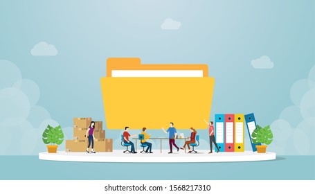 files management concept with team people in office manage and prepare data with big folder icon with modern flat style - vector