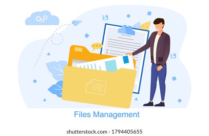 Files management vector illustration. Concept of work with documents in business company