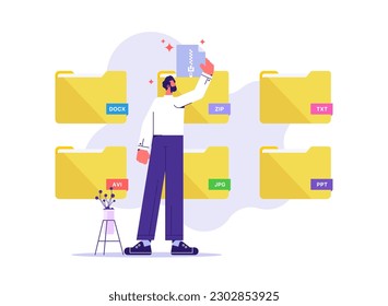 Files management vector illustration. Concept of work with documents in business company, businessman or employee folding and sorting documents or letters into folders