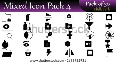 Files, Media nad Web Essentials pack of 30 sleek black glyph icons covering safety equipment, media controls, web platforms, and natural elements, perfect for corporate, educational projects