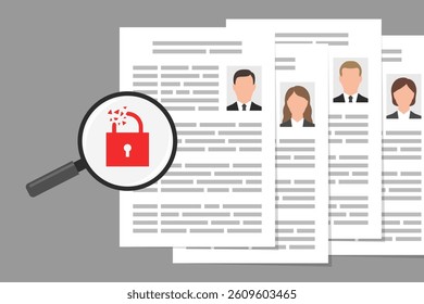 Files with personal data, and magnifier with icon of broken padlock. Concept of accounts or profiles hacking, user data leak, disclosure of confidential information, unprotected data