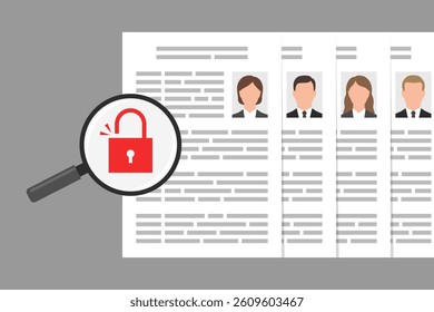 Files with personal data, and magnifier with icon of open padlock. Concept of getting access to user accounts or profiles, disclosure of personal information, unprotected confidential data