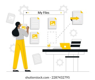 Concepto de archivos enviados. Mujer con documento en almacenamiento electrónico o archivo. Muchacha agrega contratos al servicio en la nube. Intercambio de información y datos en Internet. Dibujo vectorial plano de dibujos animados