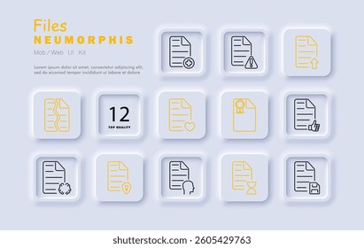 Files set icon. Document, warning, upload, certificate, approval, protection, security, brain, heart, broken, save, time