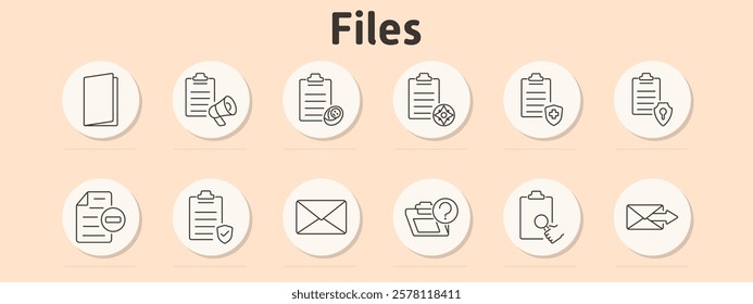 Files set icon. Folder, document, clipboard megaphone, report coin, compass, shield, document security, file minus, envelope, folder question, clipboard magnifying glass.