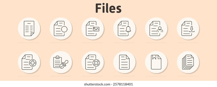 Files set icon. Report, pie chart, image file, notification, profile document, download, medical file, clipboard approval, rejected document, bookmark, stack files