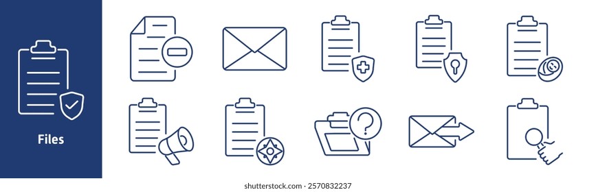 Files set icon. Secured clipboard, restricted file, envelope, medical report, privacy lock, financial document, announcement, directory, search file, email attachment