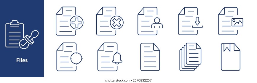 Files set icon. Stamped clipboard, medical document, rejected document, personal, download, image, target document, alert file, stack, bookmarked paper