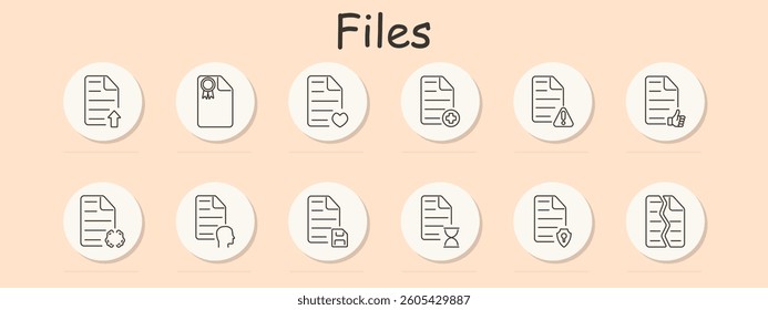 Files set icon. Upload, award, heart, add, alert, thumb, pin, rating, face, folder, hourglass, shield, break, for statuses, actions, evaluations