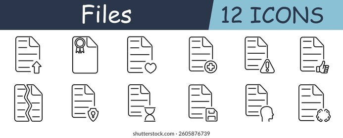 Files set icon. Upload, award, heart, health, warning, like, broken, security, hourglass, save, head, cloud