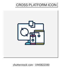 Files syncing color icon. Synchronizing all documents in different devices. Connecting to different devices. Laptop, phone. Digitalization concept. Isolated vector illustration
