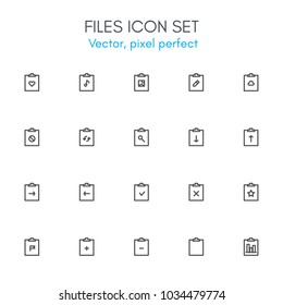 Files theme, line icon set. Pixel perfect, fully editable stroke, black and white, vector icon set suitable for websites, info graphics, and print media.