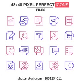 Juego de iconos de línea delgada de archivos. Bloqueo de documentos, edición, eliminación, procesamiento, búsqueda, preferencias, iconos únicos de contenido multimedia. Conjunto de vector de contorno para el diseño UX de la interfaz de usuario. Paquete de pictograma lineal perfecto de 48x48 píxeles.