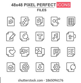 Juego de iconos de línea delgada de archivos. Bloqueo de documentos, edición, eliminación, procesamiento, búsqueda, preferencias, iconos únicos de contenido multimedia. Conjunto de vector de contorno para el diseño UX de la interfaz de usuario. Paquete de pictograma lineal perfecto de 48x48 píxeles.
