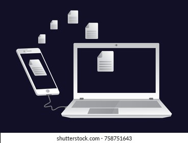Files transfer, Copy files, backup, file sharing concepts. Modern flat design graphic elements. Vector illustration with laptop and mobile phone.