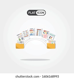 Files transfer. Documents management. Two folders transferred documents. Copy files, data exchange, backup, PC migration, file sharing concepts