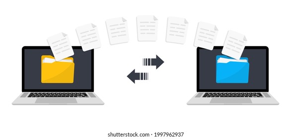 Files transfer. Transfer file of data between devices. Transmission of documents between two computer. Backup of information. Exchange Data. Send of document. Data encryption, protected connection