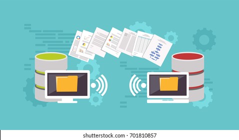 Files transfer illustration. Transfer files. Sharing files. Backup files. Migration concept. Communication between two devices.