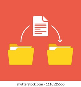 Files transfer. Two folders and transferred documents. Copy files, data exchange or backup concepts. Document moving from one folder to another. Vector illustration in flat style. EPS 10.