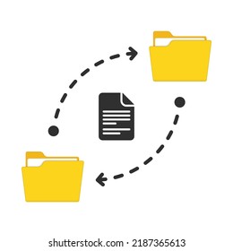 Files transfer. Two folders and transferred documents. Copy files, data exchange or backup concepts. Document moving from one folder to another. Vector illustration in flat style. EPS 10.