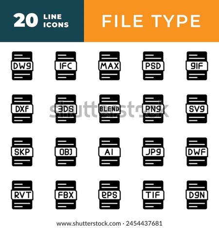 files type icons set. file format in black fill design. Vector illustration