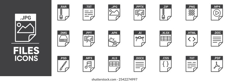Tipos de arquivos Ícones conjunto, contendo todos os tipos de arquivo Ícones contornos, Coleção de ilustração de vetor editável eps10.eps