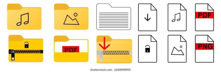 Files Vector Icon Set Adjustable Line Weight Document, folder, archive, report, media, audio, chart, download, pdf, spreadsheet, secure, data, files icons