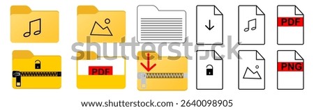 Files Vector Icon Set Adjustable Line Weight Document, folder, archive, report, media, audio, chart, download, pdf, spreadsheet, secure, data, files icons
