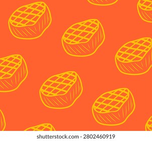 Filet Mignon Seamless Pattern with Hand Drawn Steak Doodle Vector Style