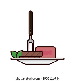 Filet mignon steak y rodajas de carne con tenedor en placa, ilustración vectorial aislada para el Día del Filet Mignon el 13 de agosto.