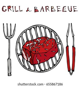 Filet Mignon Steak on the Grill for BBQ, Tongs and Fork. Lettering Grill and Barbecue. Isolated On a White Background. Realistic Doodle Cartoon Style Hand Drawn Sketch Vector Illustration.