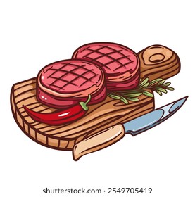 Filet mignon steaks on wooden board with knife and chili pepper. Outline hand drawn color sketch of tenderloin meat cuts with rosemary. BBQ, restaurant menu mascot, steak icon vector illustration