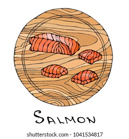 Filet of Raw Salmon Fish on Round Cutting Board. Fish Cut Slice For Cooking, Holiday Meals, Recipes, Seafood Guide, Menu. Hand Drawn Illustration. Savoyar Doodle Style.