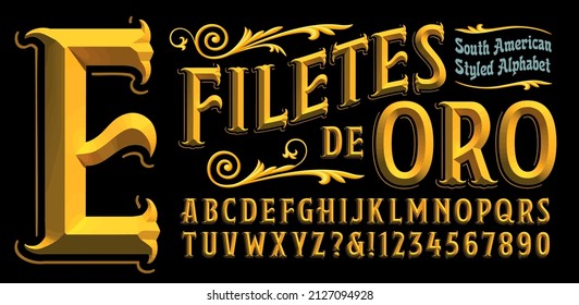 Filetes De Oro is Spanish for Fillets Of Gold. This vector alphabet is designed in the style of South American Fileteado, common in many countries, especially Argentina and Peru.