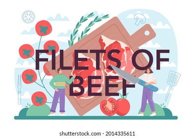 Filets of beef typographic header. People cooking tasty grilled meat on the plate. Delicious barbecue steak. Roasted restaurant meal. Isolated vector illustration in cartoon style