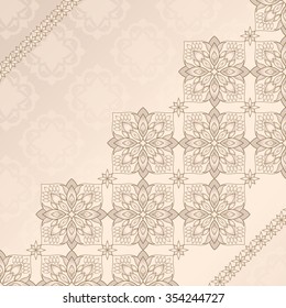 Filigree beige border.  Ornate element for design and place for text. Ornamental lace pattern for wedding invitations and greeting cards. Traditional vintage decor.
