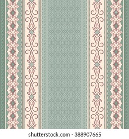 Filigree beige seamless border on green background. Colored element for design in Eastern style. Vintage pattern for invitations, birthday, greeting cards, wallpaper. Traditional floral decor.