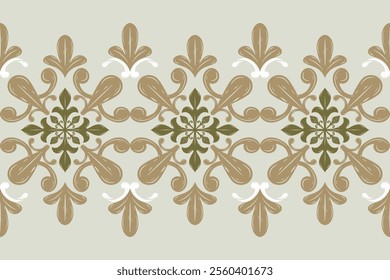 Filigree Border Golden Scroll Ornament on Green Sage BG. Luxury Delicate Decoration Embroidery Weaves Silk Fabric Textile Texture Victoria Vintage Style. Petals and Florals Rim Pattern Seamless Vector