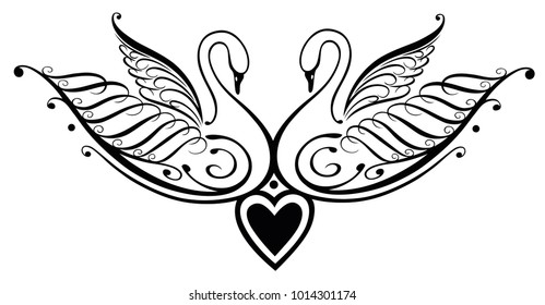 Filigree calligraphy swans with heart. Valentines Day.