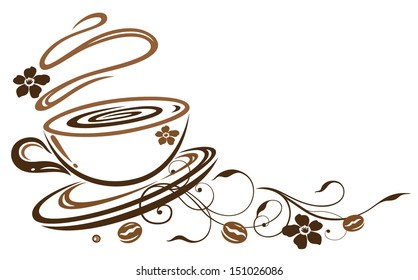 Filigree coffee cup border with coffee beans and blossoms.