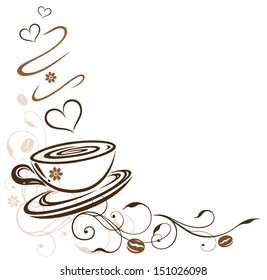 Filigree coffee cup border with hearts and coffee beans.