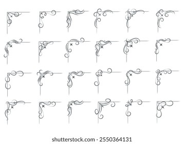 Filigree corner elements. Monochrome classic swirled corners set isolated vector illustration