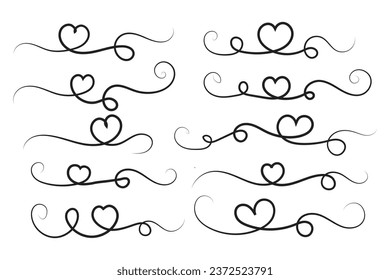 
Filigree curly Calligraphic Heart, Fancy Line Flourishes Swirls hearts, curve romantic love sign, Valentines Day divider flourish Swirl, Calligraphy Flourish lettering header hearts scroll vector