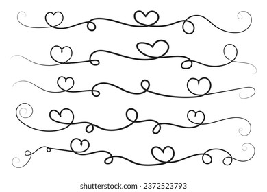 
Filigree curly Calligraphic Heart, Fancy Line Flourishes Swirls hearts, curve romantic love sign, Valentines Day divider flourish Swirl, Calligraphy Flourish lettering header hearts scroll vector