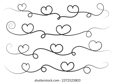 
Filigree curly Calligraphic Heart, Fancy Line Flourishes Swirls hearts, curve romantic love sign, Valentines Day divider flourish Swirl, Calligraphy Flourish lettering header hearts scroll vector