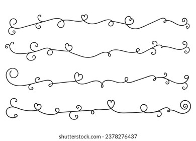 Filigree curly Calligraphic Heart, Fancy Line Flourishes Swirls hearts, curve romantic love separator, Valentines Day divider flourish Swirl, Calligraphy Flourish lettering header hearts scroll 